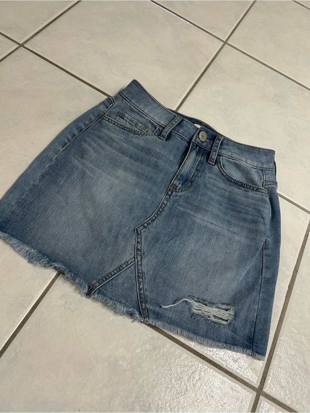 SO Denim Mini Skirt in Light Blue with Raw Hem